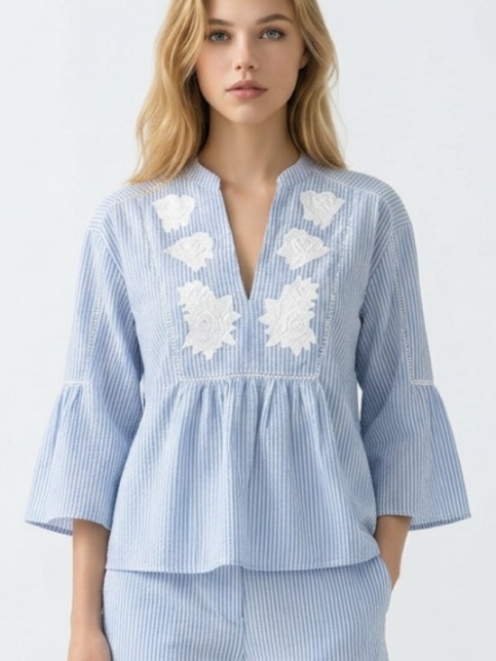 H&M Tops - H&M Logg Women’s Top Blouse Size 2 Blue V Neck Bell Sleeves